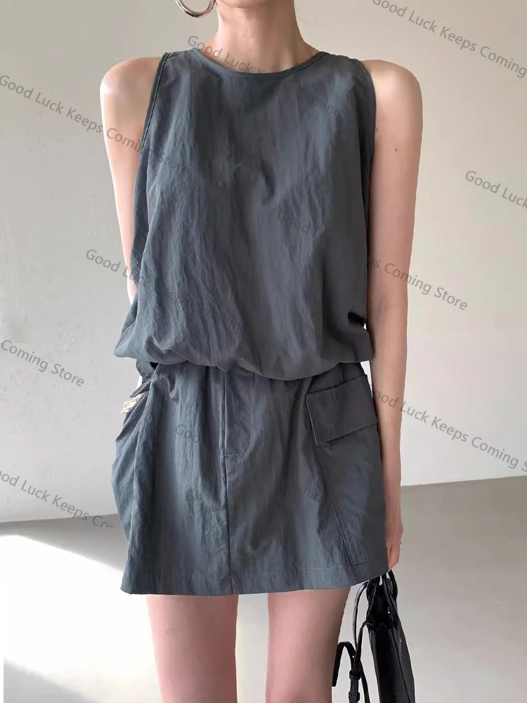 

2025 South korea Chic Summer French sle Temperament Solid Zip-up Vest Shirts + Elastic Waist Pantskirt Skirt Two-piece Set