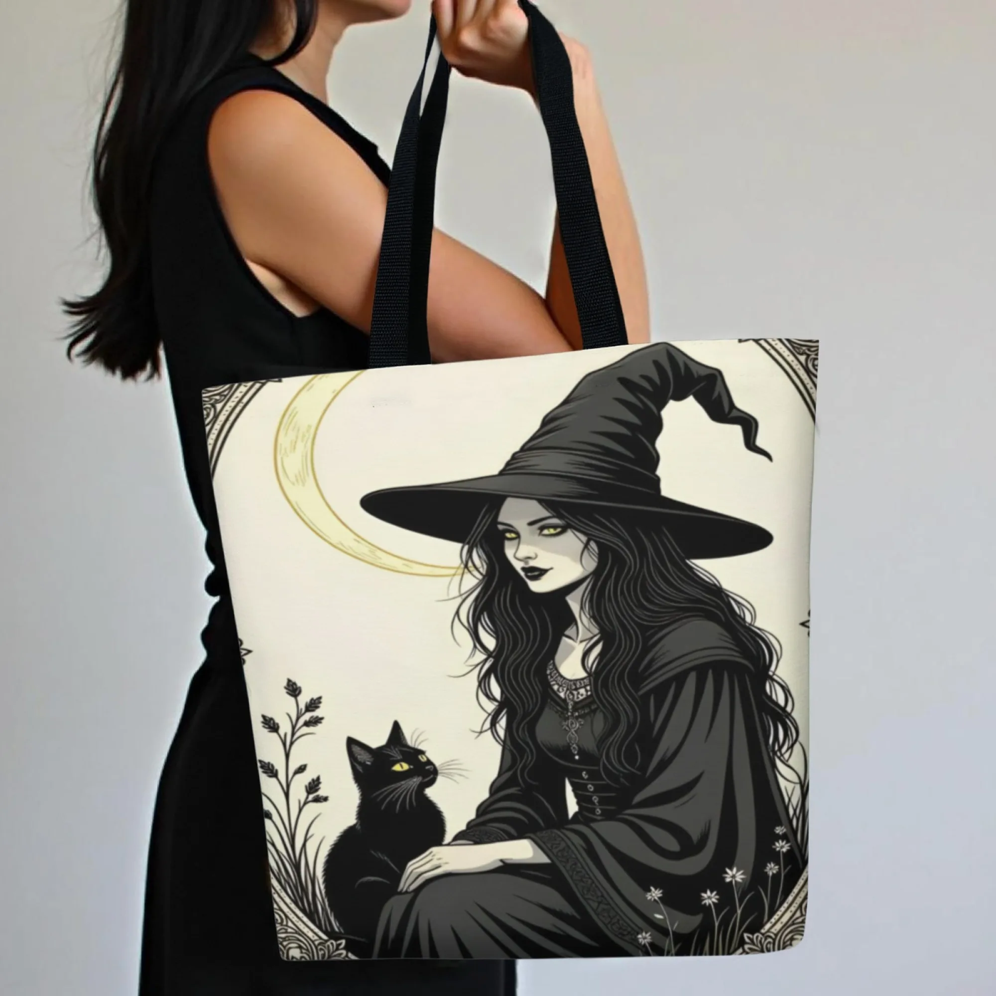 Mysterious Canvas Tote Bag Witch & Cat Design for Women Eco-Friendly Reusable Suitable for Gothic Gatherings Occult Exhibitions