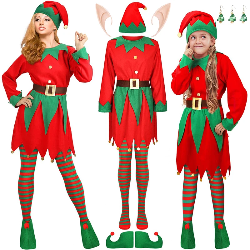 Christmas Elf Costumes Kids Adult Santa Claus Tops Pants Hat Belt Family Matching Clothes Set Women Men Carnival New Year Outfit