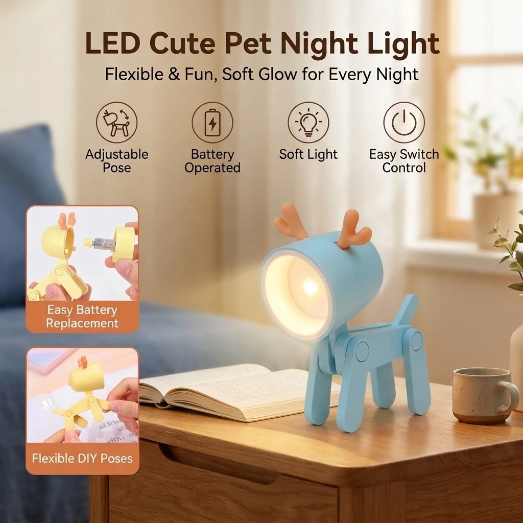 LED Night Light Mini Folding Desk Lamp Cute Pet Lights Dog Deer Portable Night Light Student Living Room Decor Gift