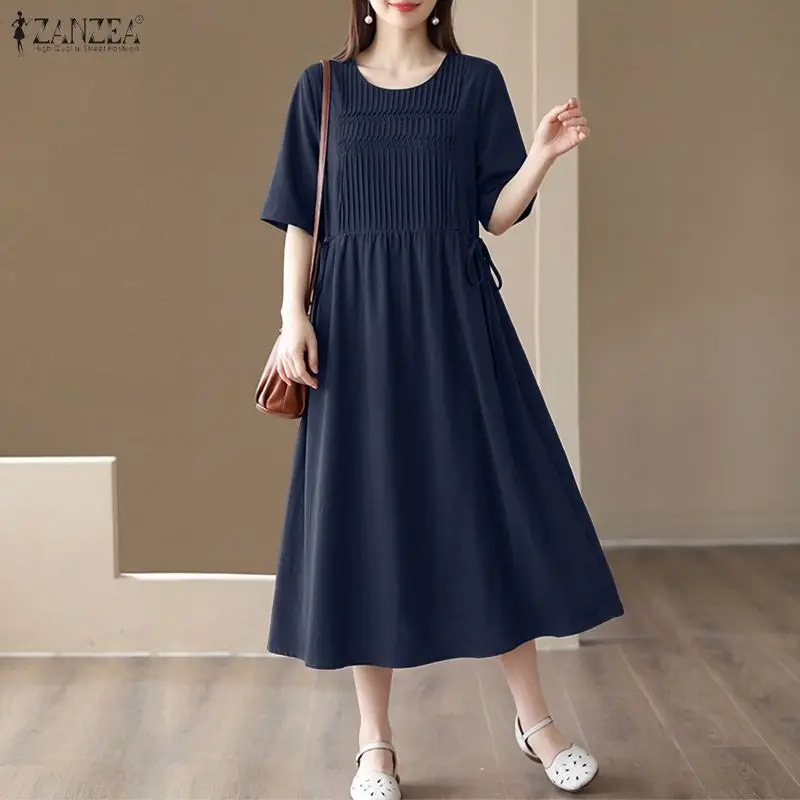 Women Elegant Office Work Dress Korean Style Pleated Drawstring Sundress ZANZEA Casual Loose A-Line Round Neck Vacation Vestidos