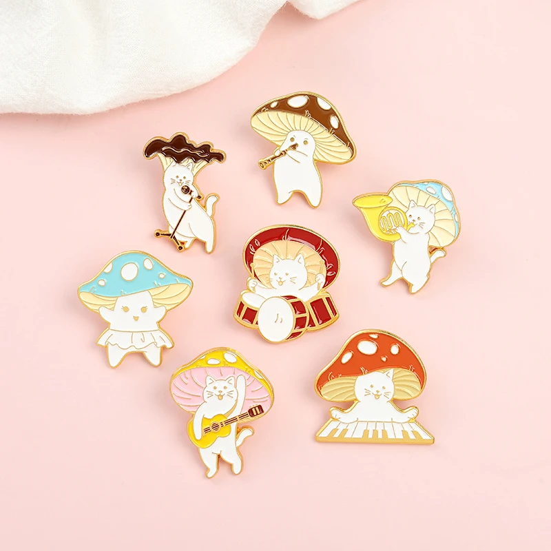 Cat Playing Music Brooch Dancing Cat Badge Guitar Drum Kit Saxophone Electronic Organ Mushroom Lapel Enamel Pins for Gift Friend