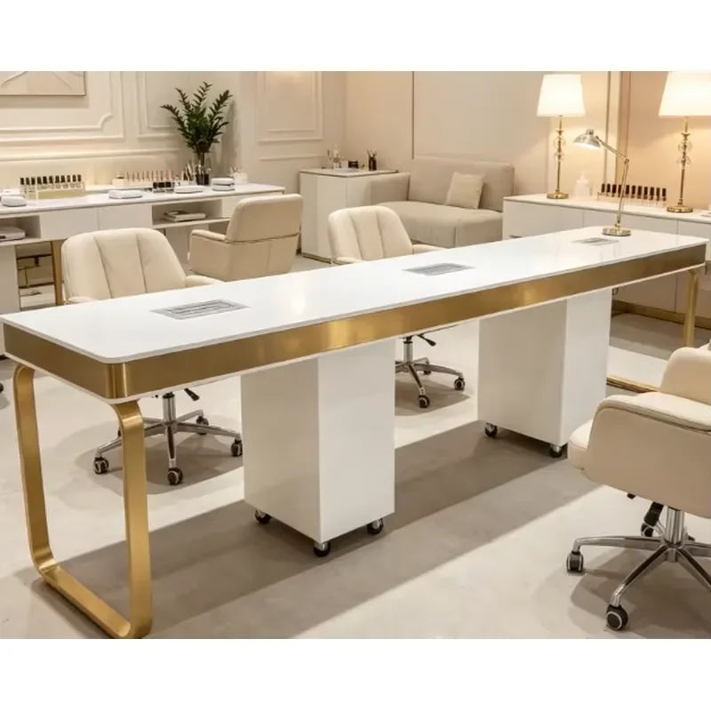 Modern Large Manicure Table with Marble Surface Stainless Steel Metal Frame High Performance Salon Furniture for Nail Station