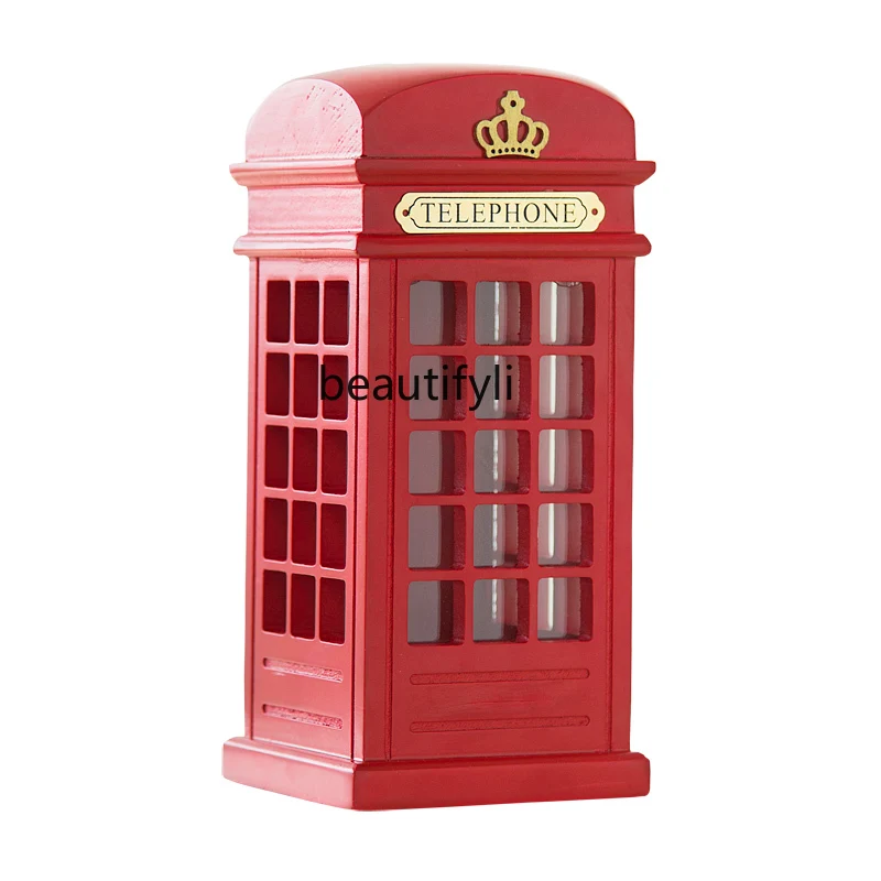 

yj Savings Bank Oversized Large Red Telephone Booth Coin Bank Creative Wooden Piggy Bank Home Decoration