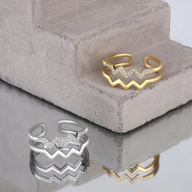 Romantic Geometric Double Wave Mountain Sea Zircon Ring Art Minimalist Aesthetic V-Shaped Open Rings For Wife Daughter Jewelry