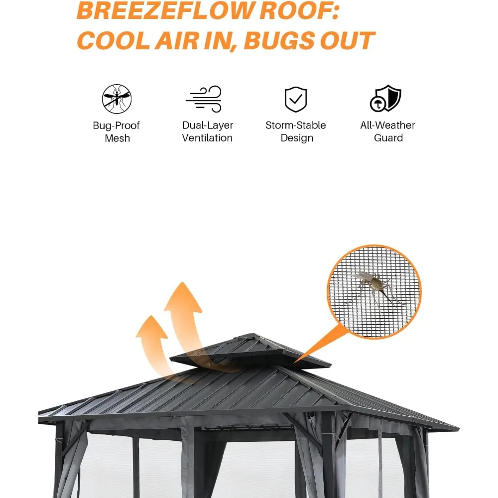 

10' x 10' Hardtop Gazebo, Aluminum Frame Outdoor Patio Gazebos with Netting and Curtains, Outdoor Gazebo Canopy