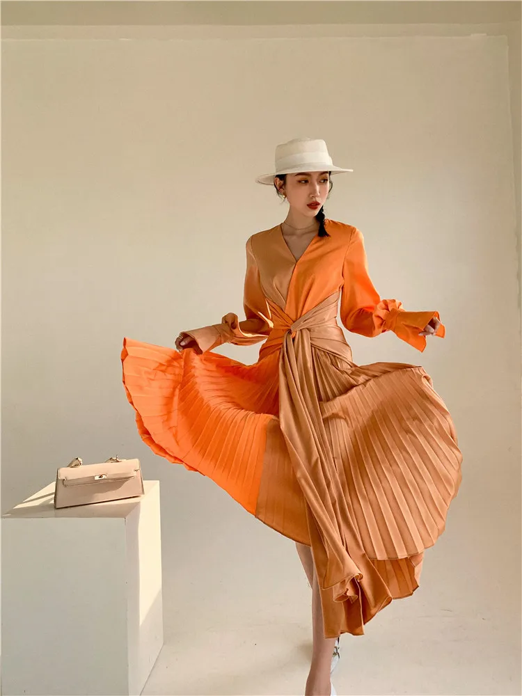 TNFSWomen Dress 2023 Spring Temperament Color Matching Pleated Bandage Full Sleeve Loose Long Summer Dresses New Arrival