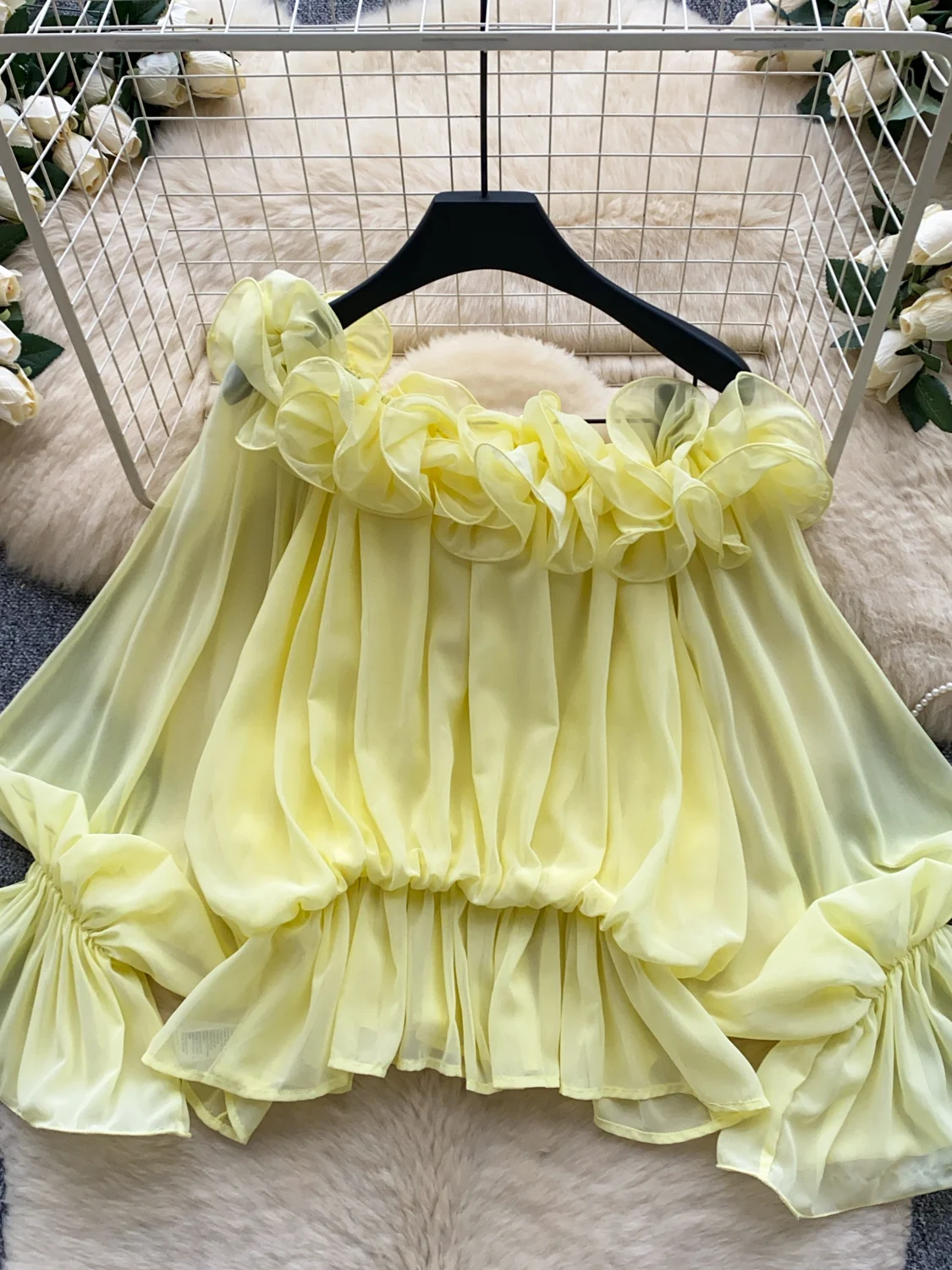 Sweet Style off Shoulder Flounce Hem Chiffon Shirt Women's Loose Slimming Korean Version Top for Younger Look Autumn 2026