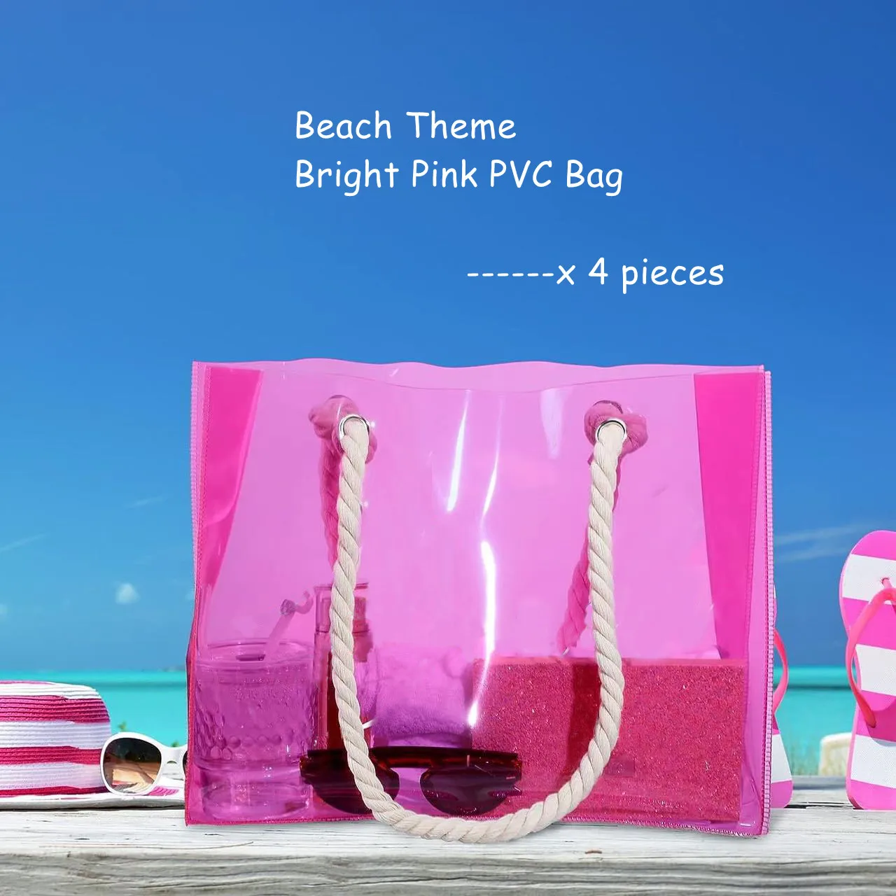 4 Pieces Pink transparent PVC beach tote Party gift bag large capacity portable Swimming Shopping bag