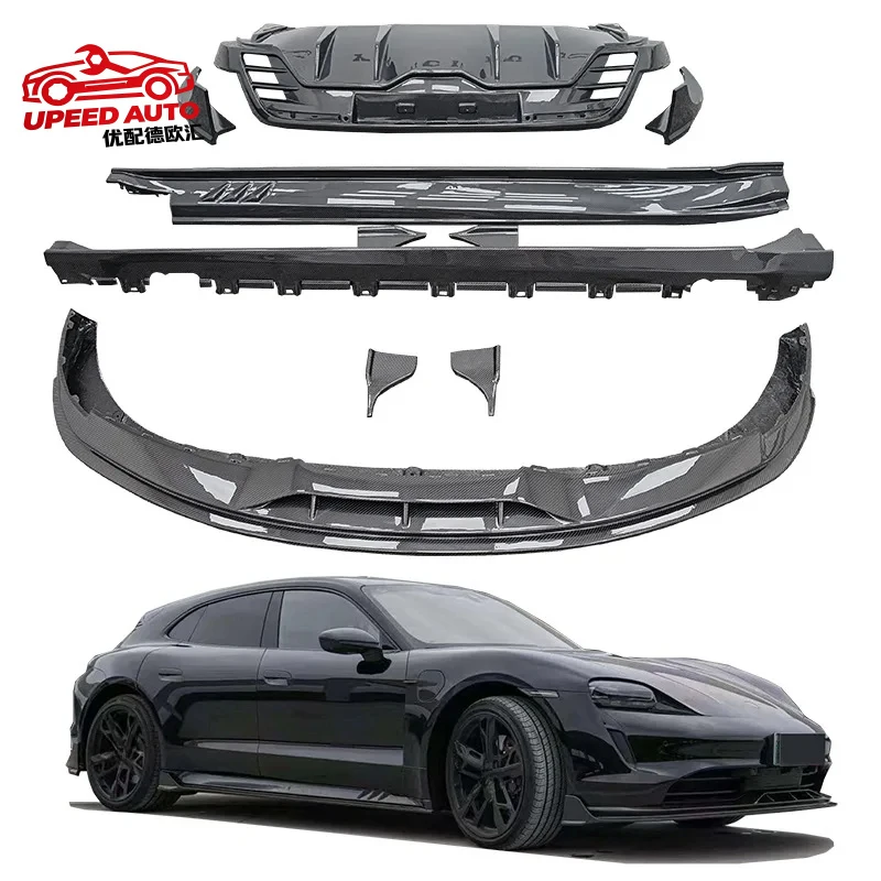 Suitable for Runde Wet Carbon Fiber Body Kit Porsche Taycan Upgrade PK Style Front Lip Side Skirts Rear Diffuser Spoiler