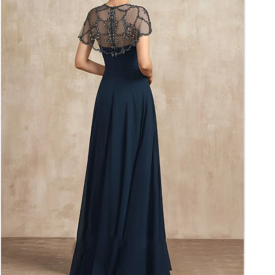 Elegant And Pretty Women's Dresses New A-line Evening Scoop Dress Beading Pleated Sequin Mother of the Bride Dresses Customized