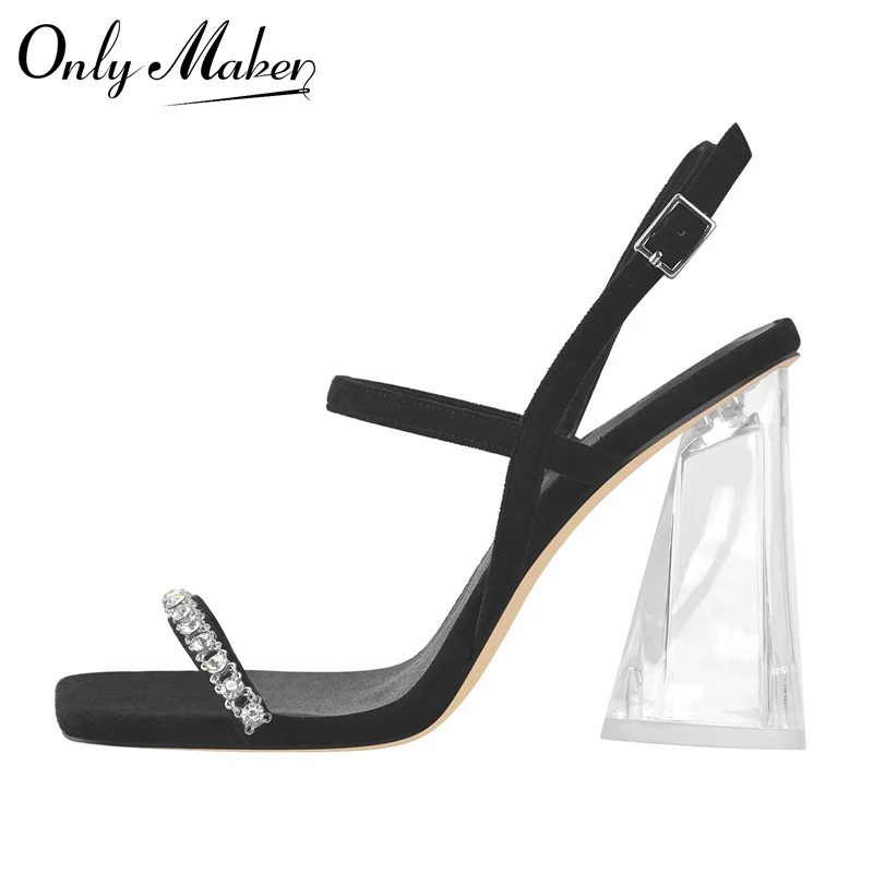 

Onlymaker Women Black Summer Sandals PVC Crystal Decoration Slip on Square Peep Toe Transparent High Heels
