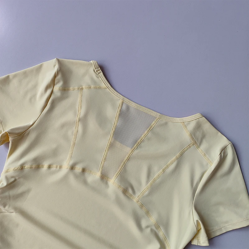 Sportliches Kurzarm-Sommer-Oberteil für Damen mit Taillenbetonung, Fitness-Trainings-Top mit Mesh-Einsätzen, atmungsaktiv, schnelltrocknend, Yoga-Anzug T-Shirt – Detail 14