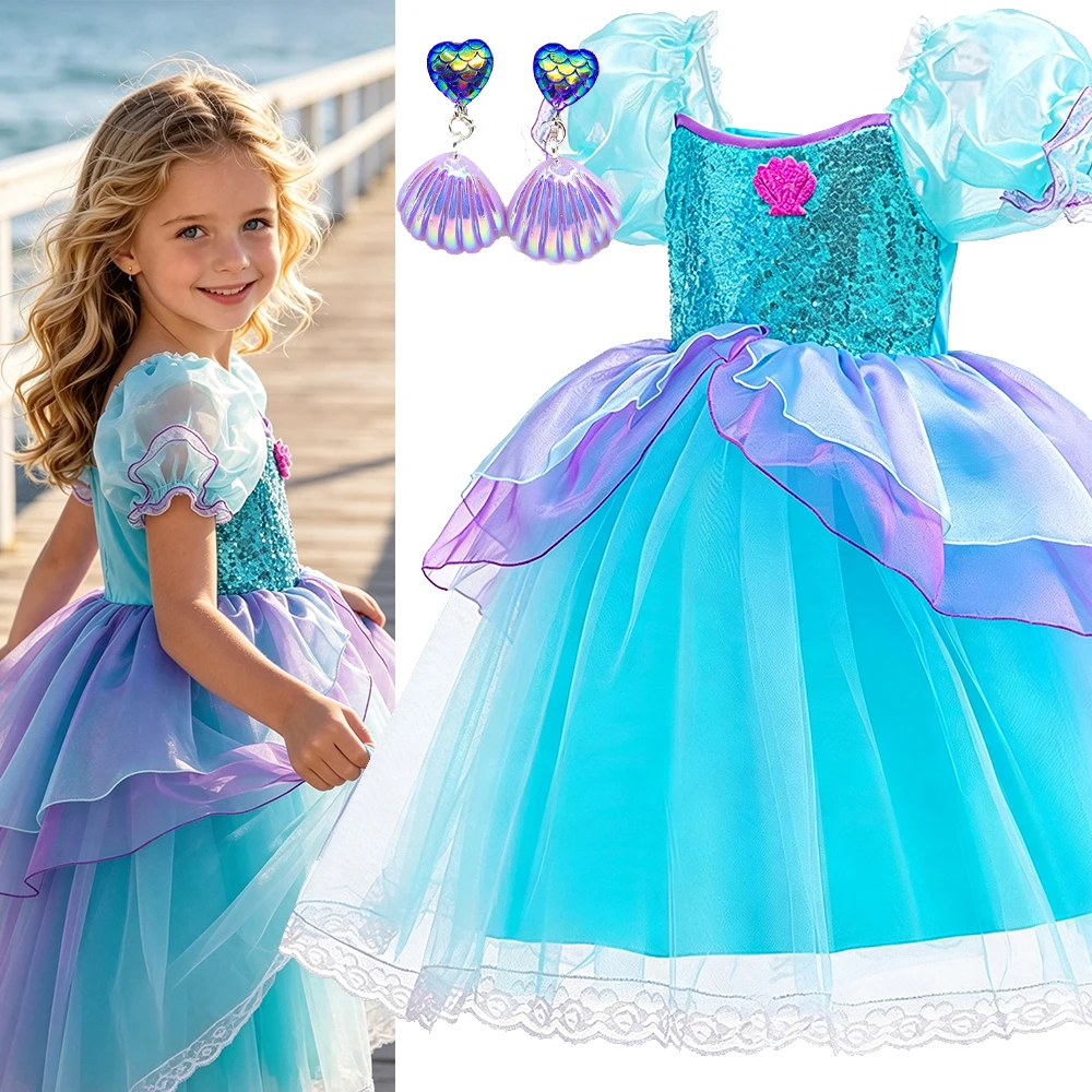 Meerjungfrauen-Geburtstagskleid für Mädchen, Tutu-Kleid mit Krone, Halskette und komplettem Zubehör, Halloween-Kostüm, elegantes Sommerkleid