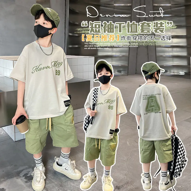 

summer Boys short sleeve 2023 new children's loose Korean version of pure cotton T-shirt and Shorts children western style Suits