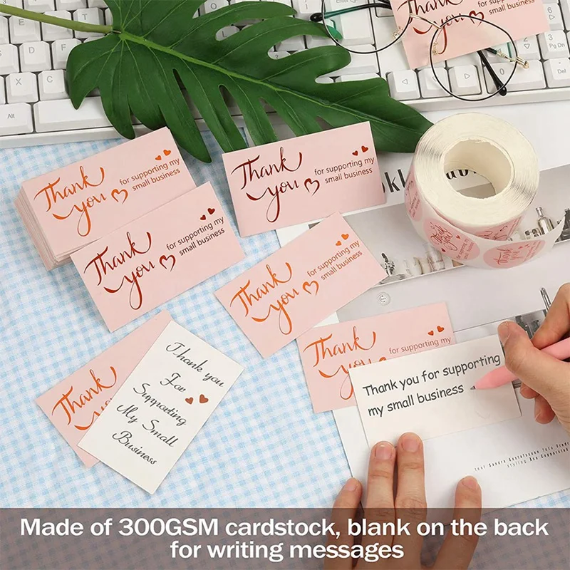 100 Pcs 2X3.5 Inches Thank You Card, Bronzing Heart-Shaped Thank You Card, DIY Sticker Label, Gift Decoration Card