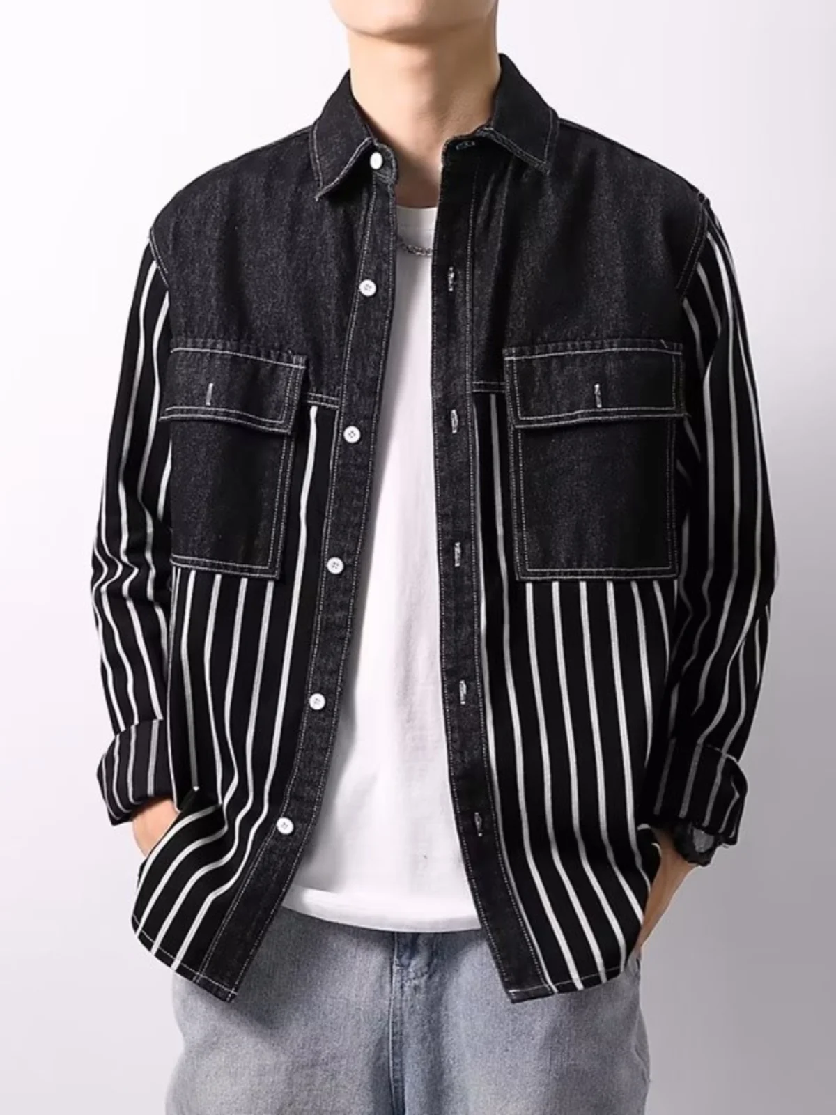 

Autumn Men's Denim Jaet Trendy Brand Stripe Splicing New Sle Youthful Long Sve Stand Fit Outerwear for Men