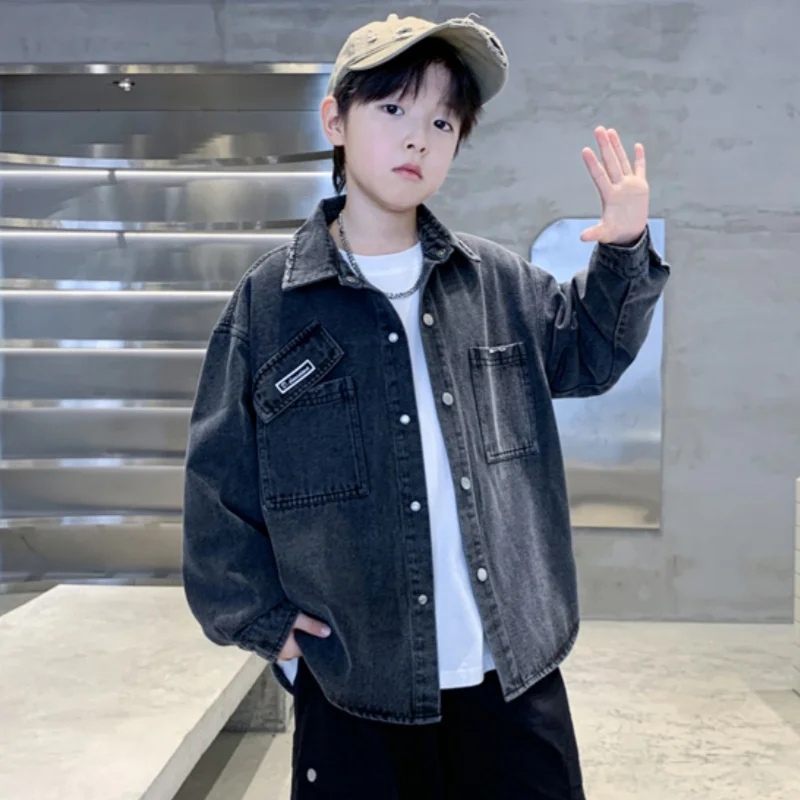 

Classic Design Children Casual Black Denim Coat For Teenage Boys Spring Autumn Jacket Blouse Kids Long Sleeve Jeans Outfit 5-14Y
