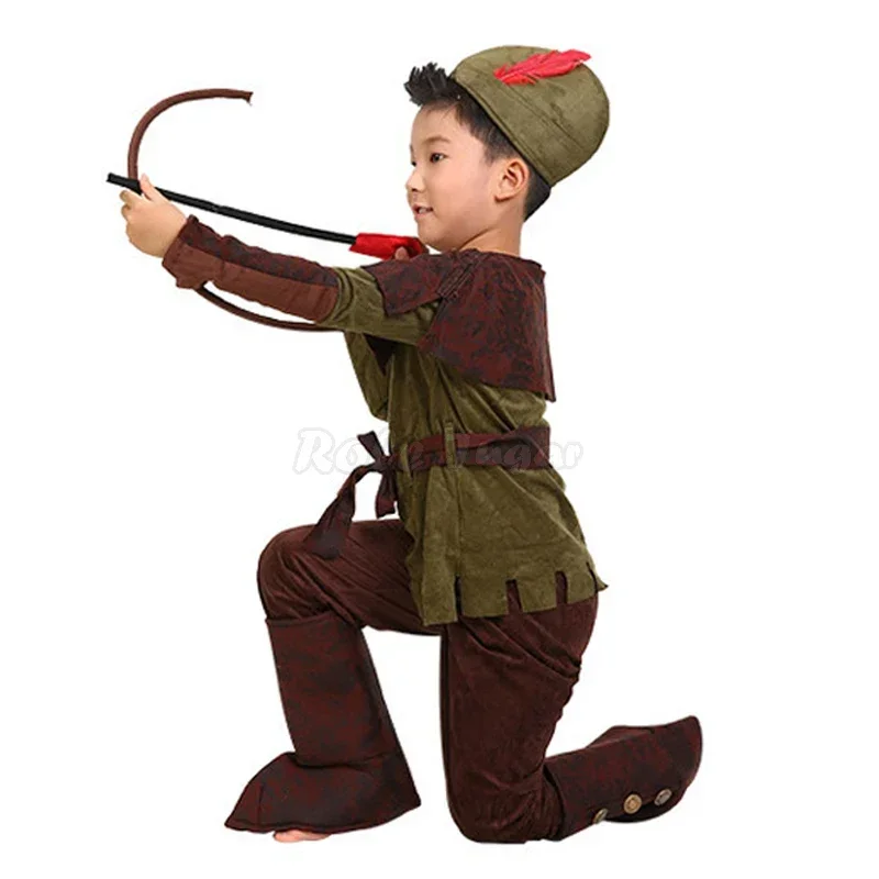 新 2025 A キッズロビンフッドコスプレ衣装ボーイズアーチャーリトルハンターハロウィン Purim カーニバルパーティーパフォーマンス衣装 C4 w7r2y