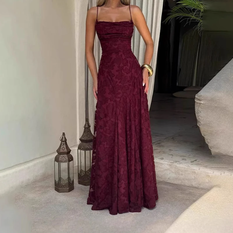 Boho New Sexy Sleeveless Backless Dress Elegant Jacquard Crochet Lace Prom Dresses Summer Solid Slash Neck Embroidery Long Dress