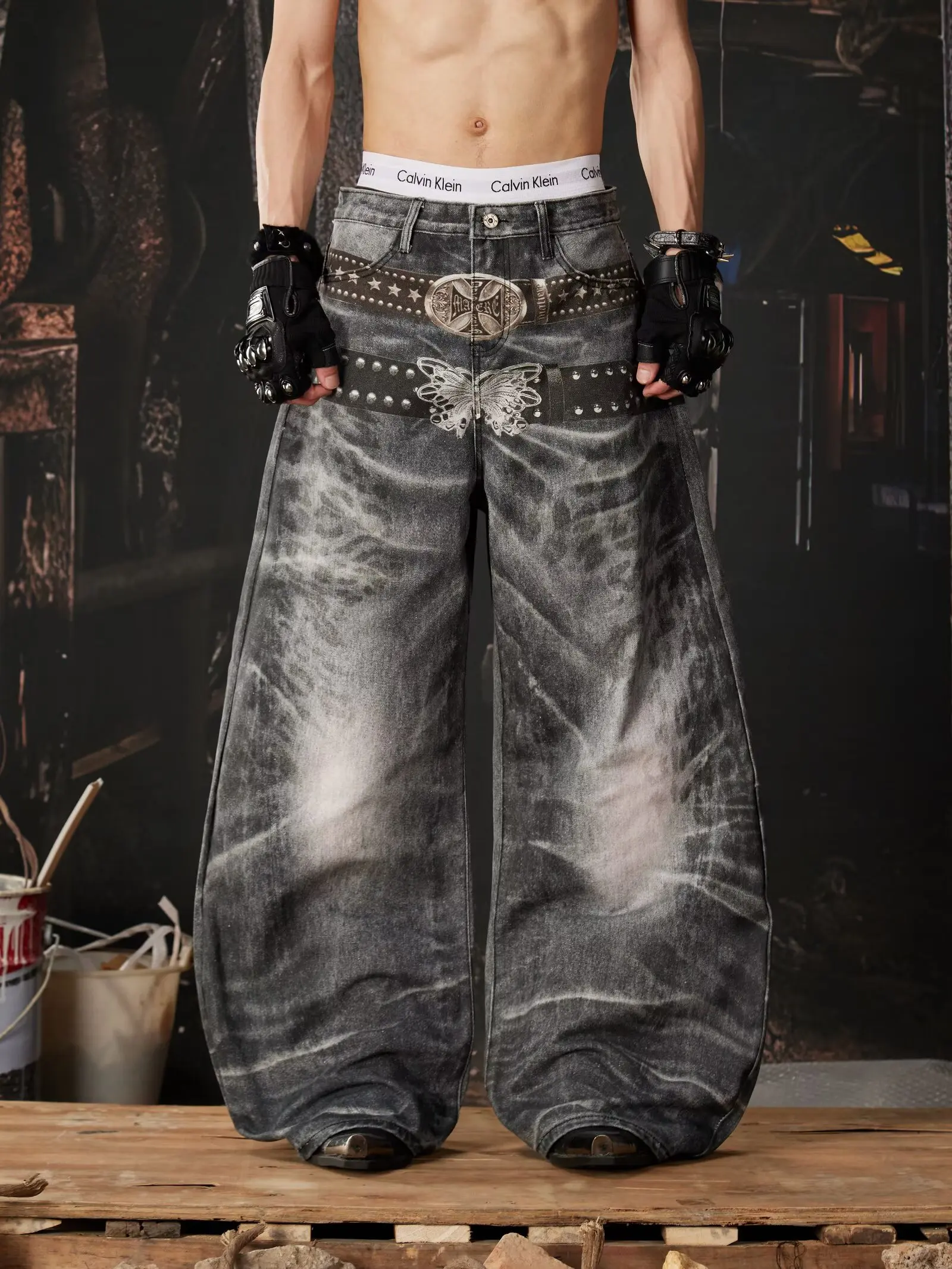 American Vintage Hip-hop High Waist Print Jeans Pants men's Casual Baggy Y2K Wide Leg Grunge Streetwear Style Denim Trouser