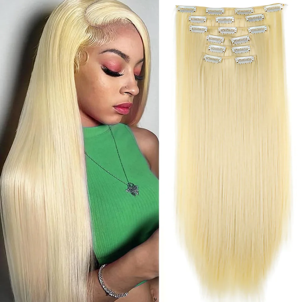 Extensiones de cabello con clip de 24 pulgadas y 16 clips, sintéticas, rubio y negro, resistentes al calor, uso diario 5