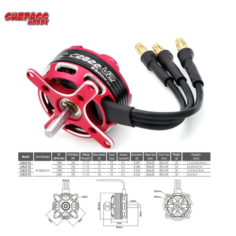 Surpass Hobby C2822  V2 2-3S 2-4S 14-pole Outrunner Brushless Motor For Fixed-wing Aircraft Airplane