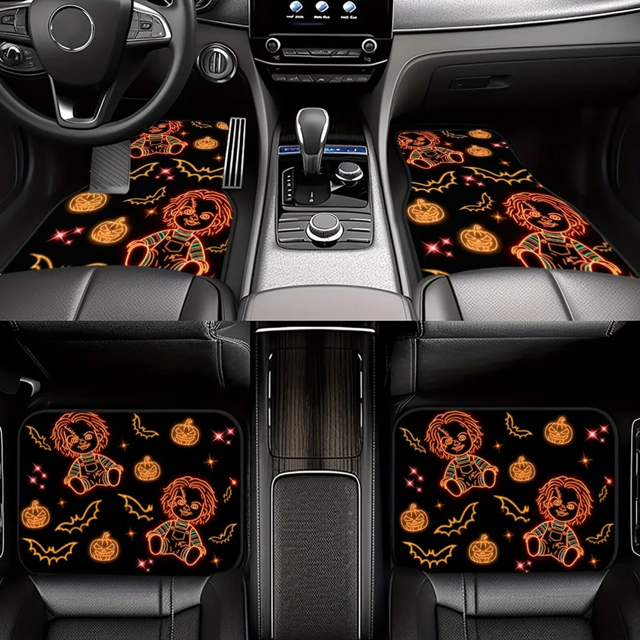 4-Piece Set of Halloween Horror Doll Printed Car Floor Mats, Neon Glowing Pumpkin and Bat Pattern Car Interior Decoration, Universal Car Floor Mats, a Must-Have for Stylish Rides