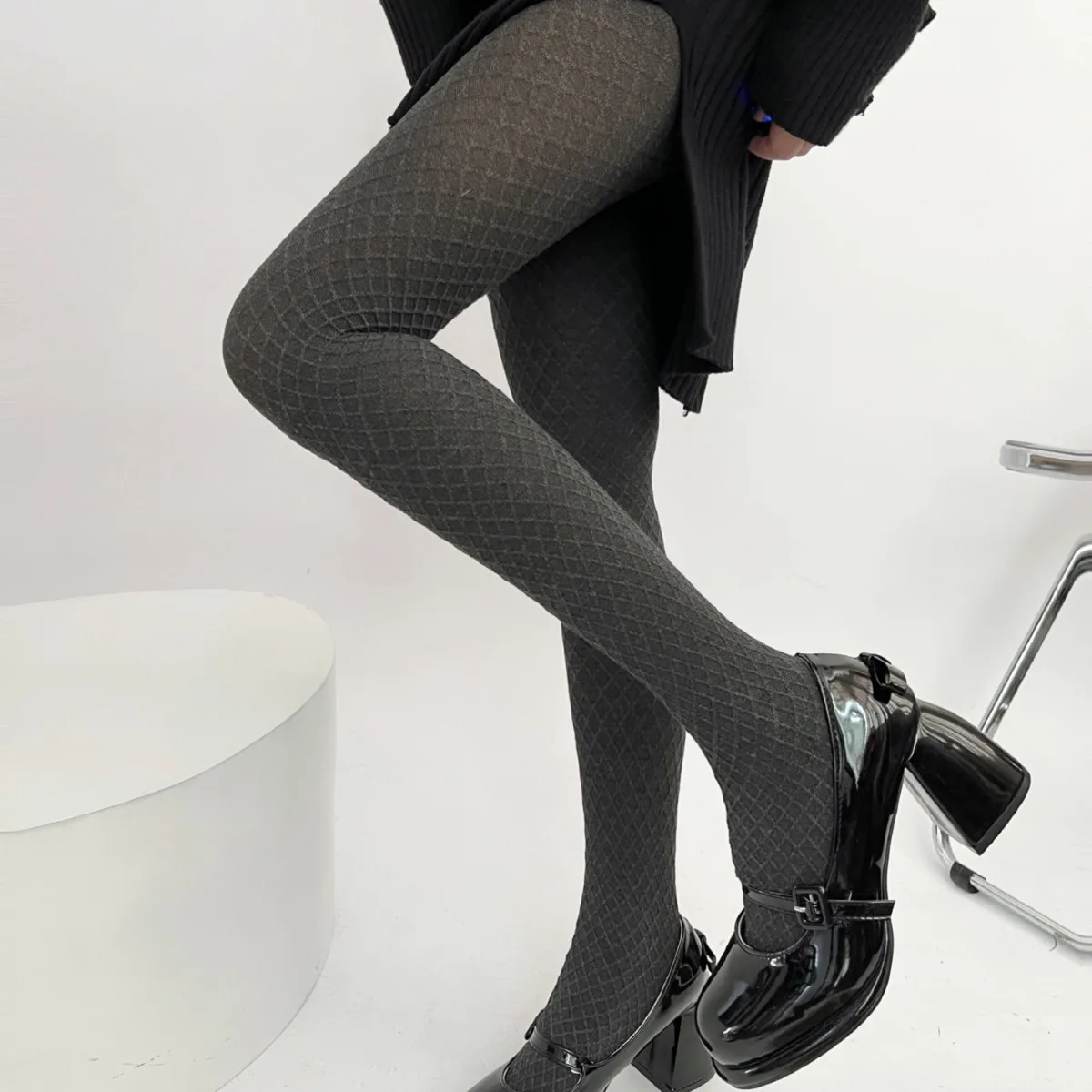 Autumn Dark Pattern Diamond Women's Pantyhose Stereoscopic Texture Plaid Hottie Fashion Deep Colour Warm Tights Stockings Women