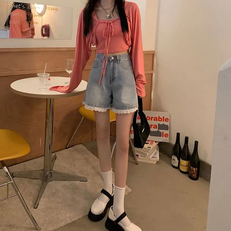 Blue Wide Leg Jeans Shorts Kawaii Lace 2023 Summer Y2k Streetwear Casual Korean Fashion Pants Women Vintage Trousers
