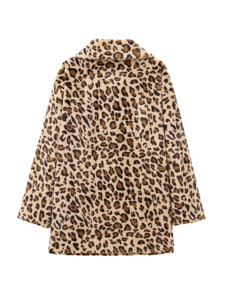 HH 女性の冬のファッションターンダウン襟ヒョウ柄フェイクファージャケット女性シングルブレストポケット装飾長袖コート