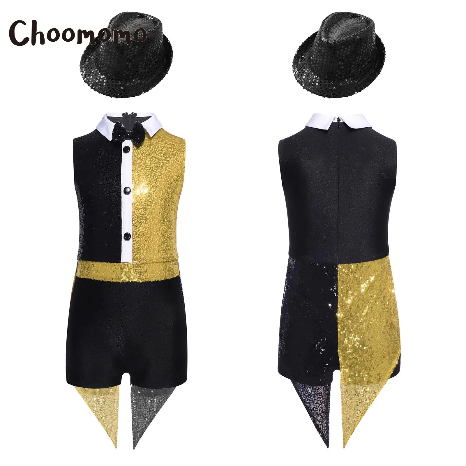 

Girls Circus Magician Cosplay Costume Halloween Cosplay Leotard for Youth 2Pcs Sequins Color Block Bow Tie Button Back Jumpsuit