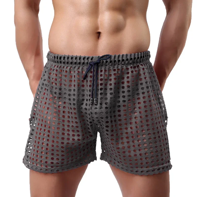 Sexy Men Casual Shorts Hollow Out Loose Breathable Panties Underwear Summer Board Shorts See Through Underpants Briefs 2XL