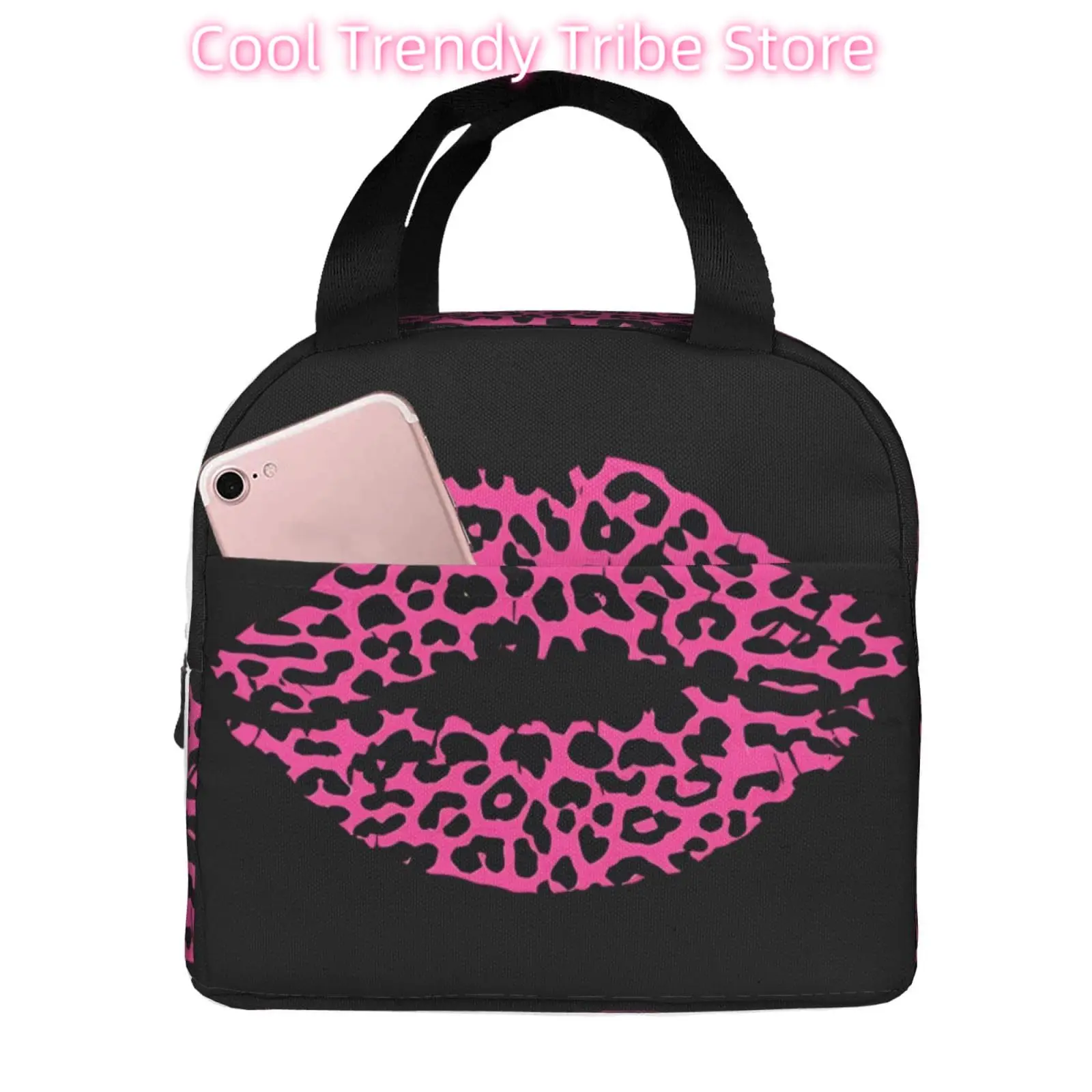 Pink Black Leopard Lips Lunch Tote Bag Insulated Reusable Lunch Box Portable Meal Handbag Food Bento Container with Front Pocket