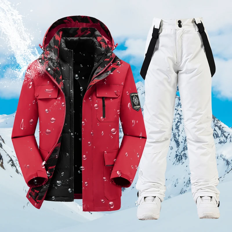 

Winter Ski Suit Men Super Warm Thicken Waterproof Snow Suits Skiing And Snowboarding Cotton Jackets Strap Pants Plus Size Brands