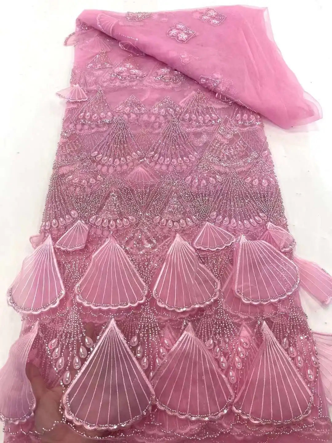 New Arrival African Handmade Beads Sequins  Fabric 3D High Quality French Groom Embroidery Nigerian Material for Lady Dress