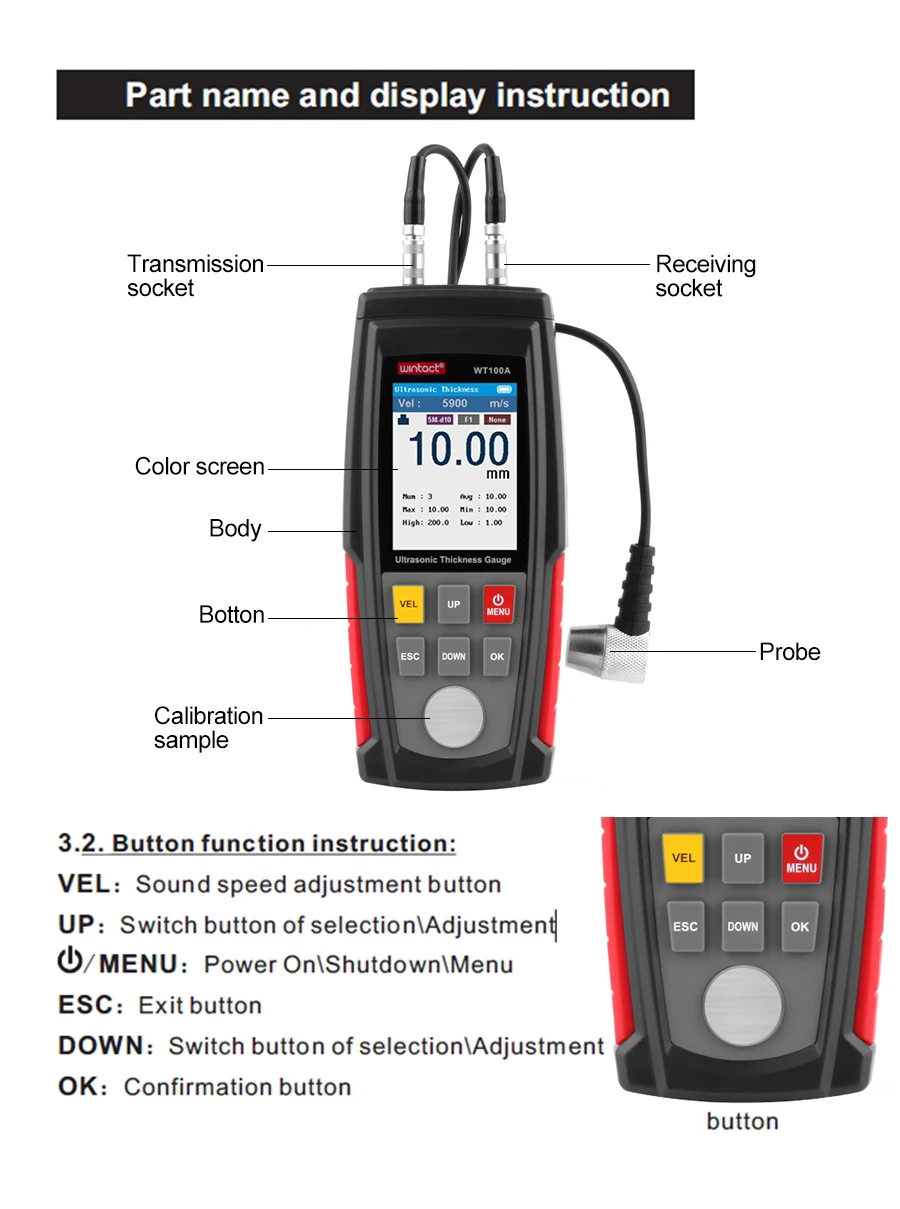 WT100A  Digital Ultrasonic Thickness Gauge Meter Tester USB Charging Digital Thickness Metal Tester High Precision