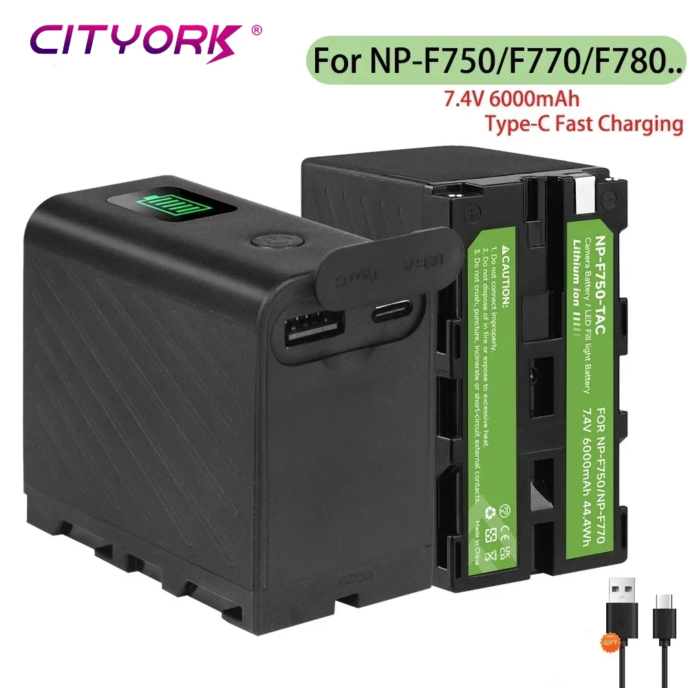 Batería NP-F750 NP-F770 de 6000mAh con Indicador LED de Carga + Cable Tipo-C para Sony F960 F970 CCD-TRV58 MC1500C