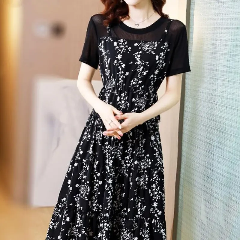 

Elegant Broken Flowers Printed Dresses Female Clothing Fake Two Pieces Patchwork Summer Short Sleeve A-Line Waist Midi Dress New