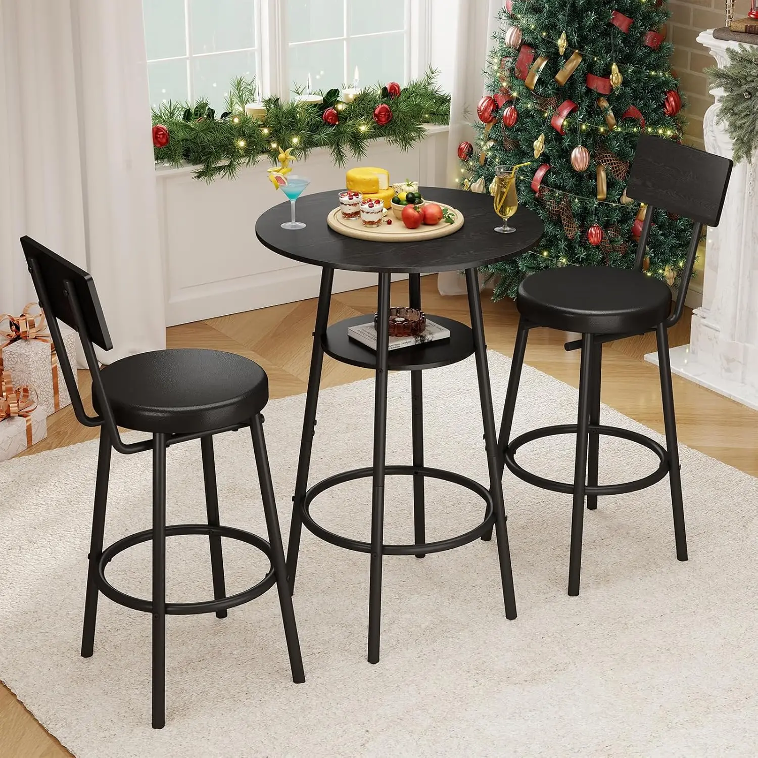 3-Piece Round Bar Table Set with Storage, Black Kitchen Dining Table and 2 Cushioned Stools for Home & Bistro