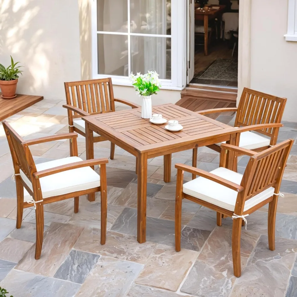 

Flamaker 5 Piece Outdoor Dining Set Acacia Wood Patio Table and Chairs with Soft Cushions Patio Furniture for Deck, Backyard