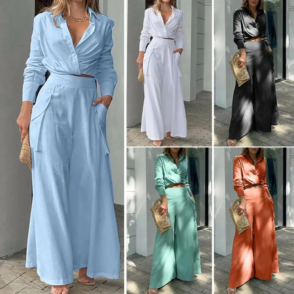 

Women's Elegant Pants Sets Solid Long Sleeve Crop Shirt & High Waist Pants Two Piece Set Casual Work Suit Female V-Neck Top