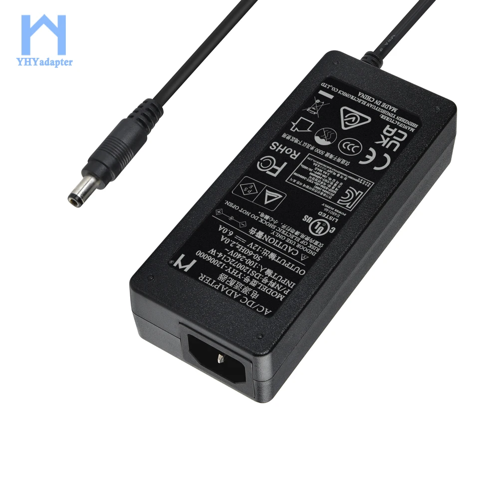 For CUL Level VI CE UKCA Certified 12V/6A 72W AC/DC Power Supply Adapter Single Output 6000mA 100-240V Multi-Plug Desktop