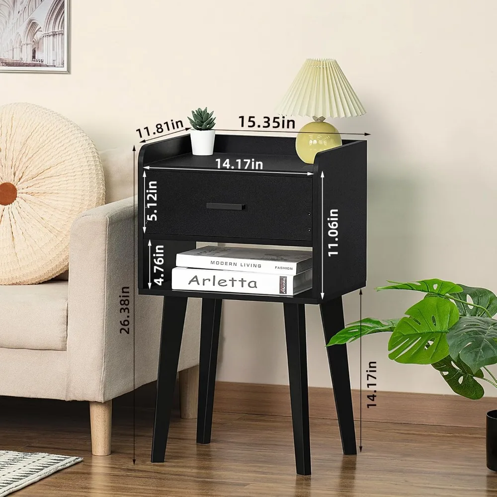 مجموعة منضدة Lerliuo باللون الأسود مكونة من 2، طاولة جانبية للسرير حديثة مع درج، طاولة نهاية خشبية للمساحة الصغيرة، حامل ليلي لغرفة النوم/Li