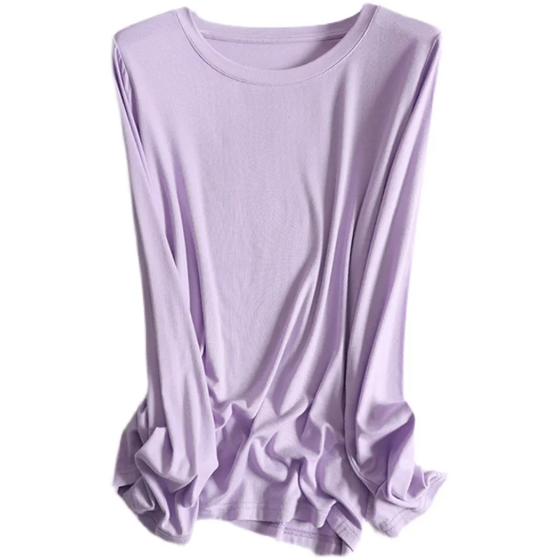 Elegant Purple Long Sleeve T-Shirt Women's Base Layer Shirt Spring Autumn New Fashion Shoulder Drop Top Commute Style Classic...