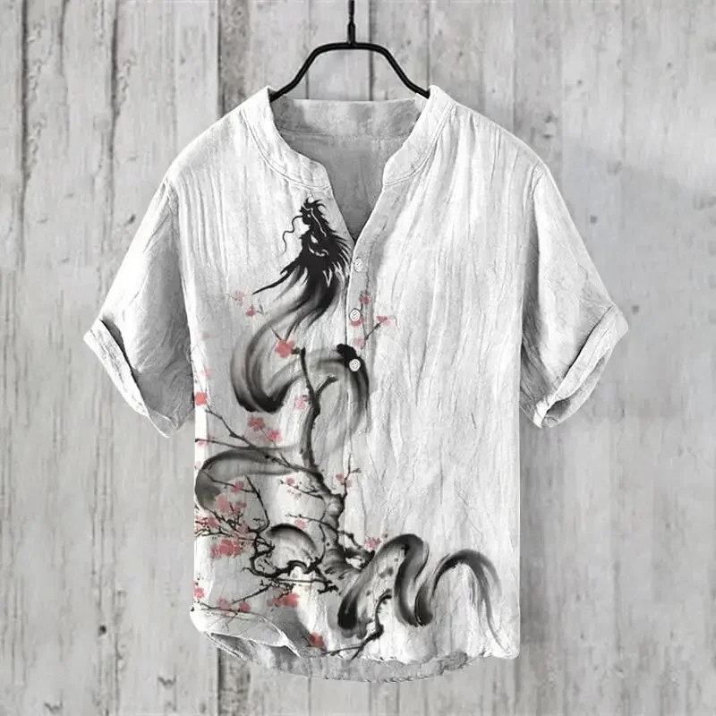 Travel, Home, Party, Leisure Men's Short sleeved Shirt, Digital Printing, Cross border Summer New 3-breasted Large V-neck