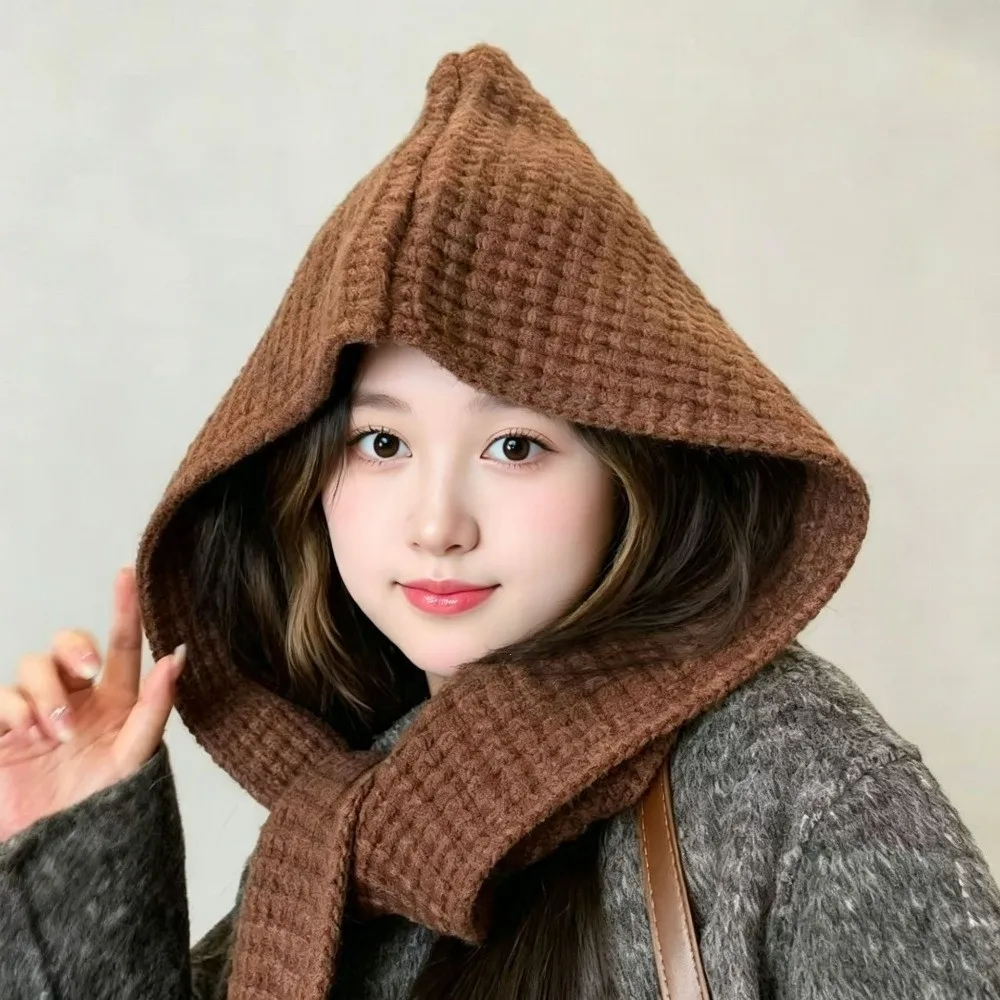 Acrylic Fibres Knitted Hooded Caps Soft Embossing Neck Collar Beanies Caps Keep Warm Ear Protection Winter Neckerchief Hat