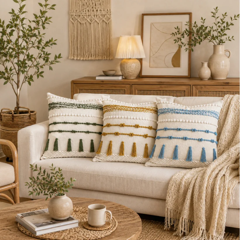 Handmade 3D Woven Tufted Pillow Cover Boho Light Luxury Tassel Cushion Cover Decorative Throw Pillow Case for Living Room Sofa