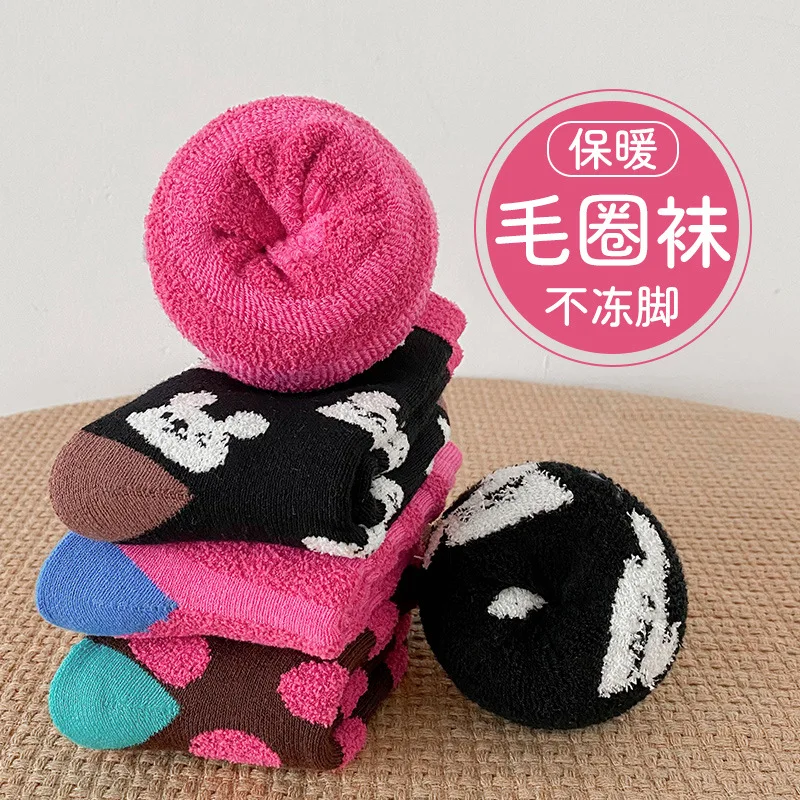 Thicken Children Socks 2023 Winter Thickened Velvet Warm Stripe Polka Dot Plush Socks Cotton Cute Boys Girls Socks