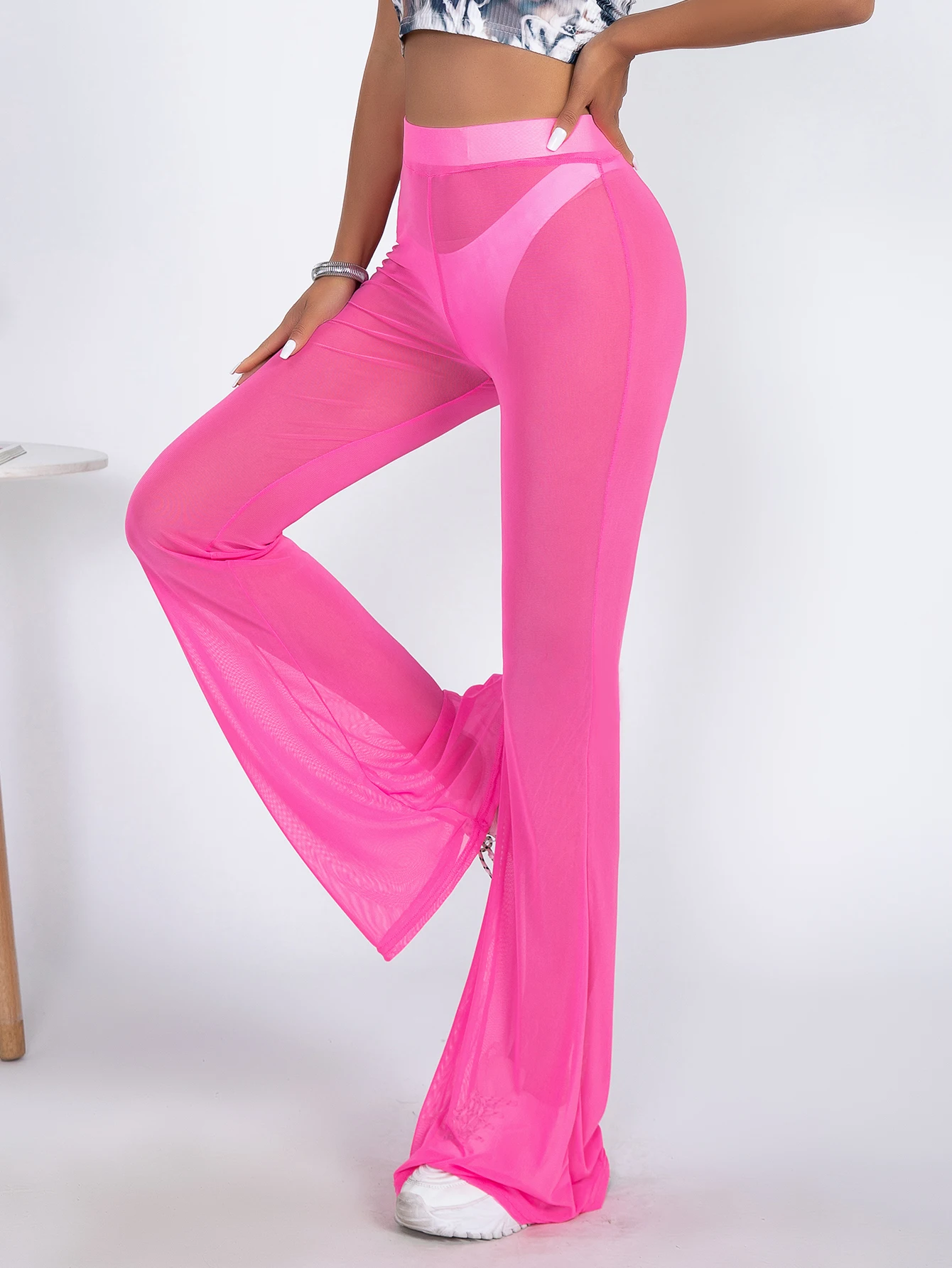 Europe And The United States New Hot-selling Mesh See-through Flared Pants Summer Fashion Sexy High-waisted Breathable Pants